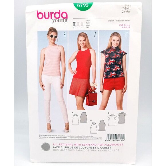 Burda Young Pattern 6795 T-Shirt Eur 34-44 US 8-18 Seam Hem Allowances Uncut - Picture 1 of 2
